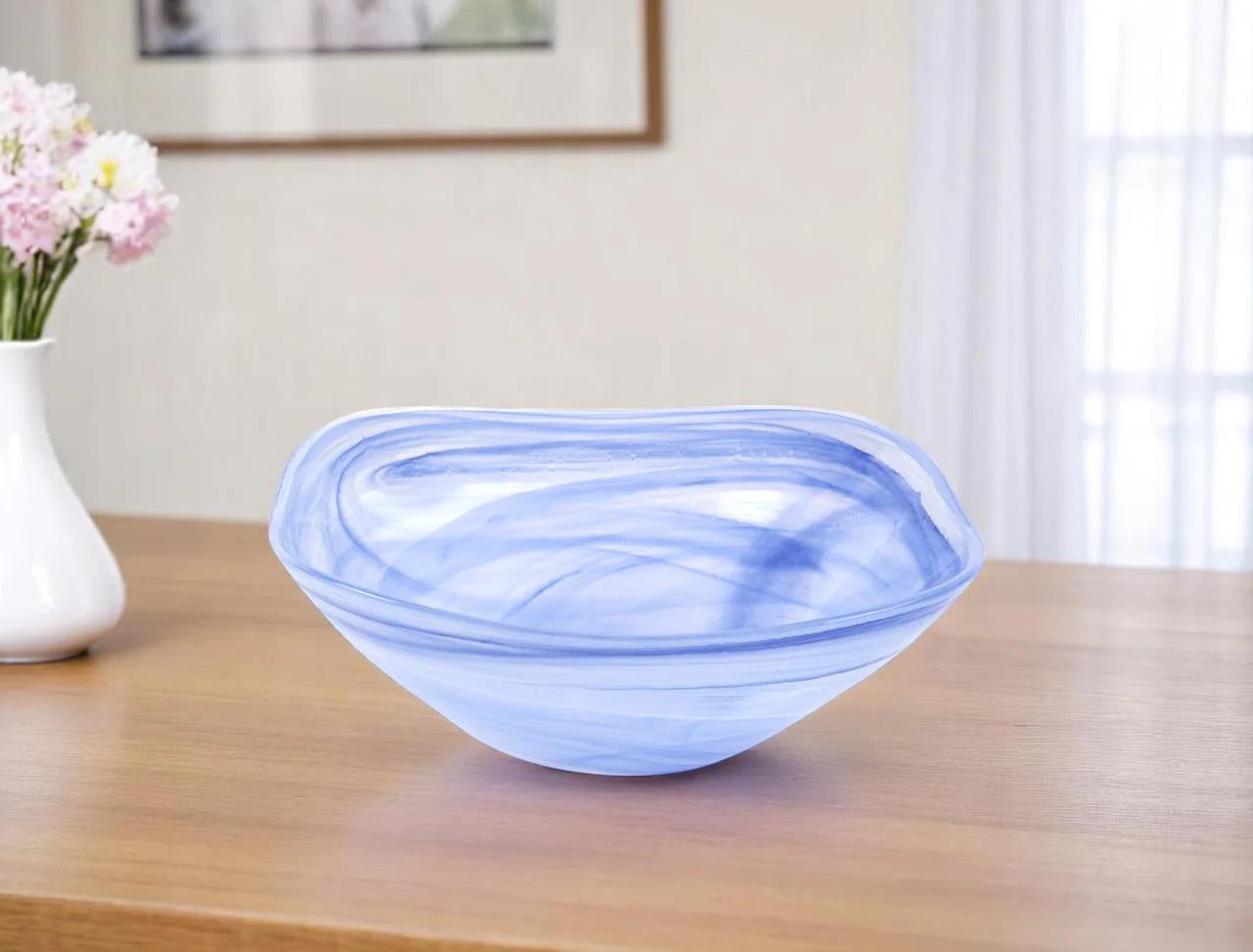 10" Blue And White Alabaster Glass Square Salad Bowl