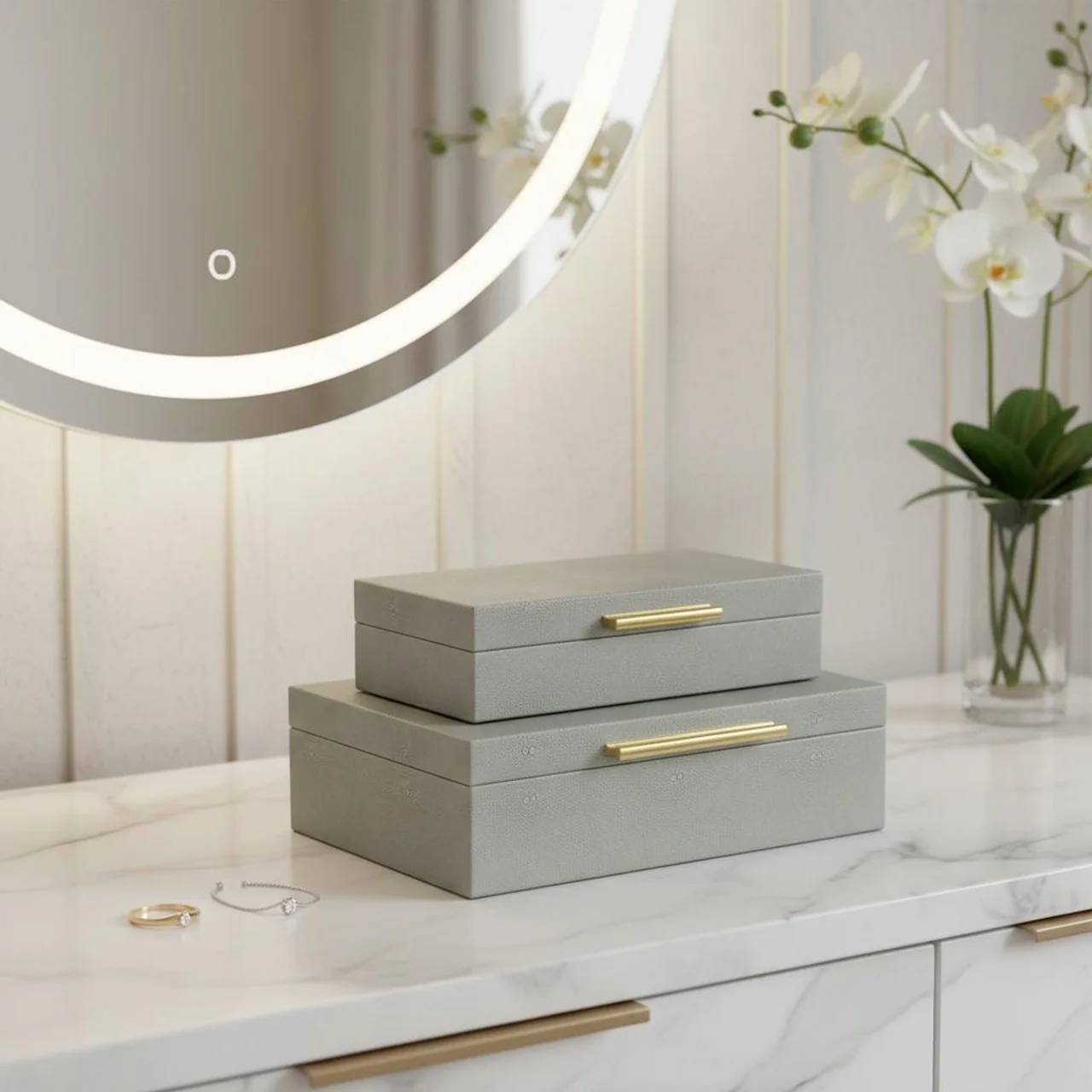 12" Set Of Two Gray Solid Wood Jewelry Box With Decorative Hardware