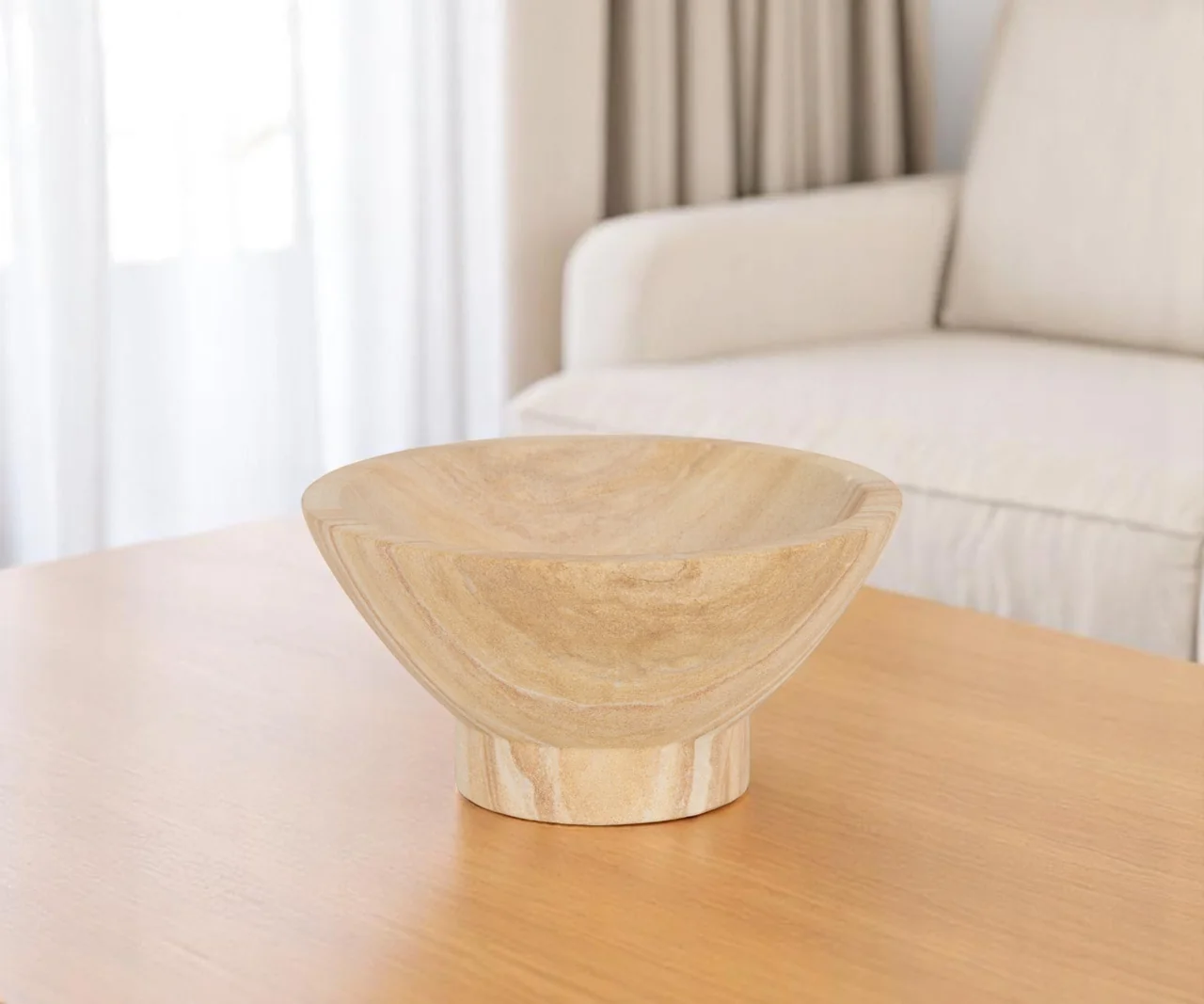 8" Beige Sandstone Round Pedestal Centerpiece Bowl