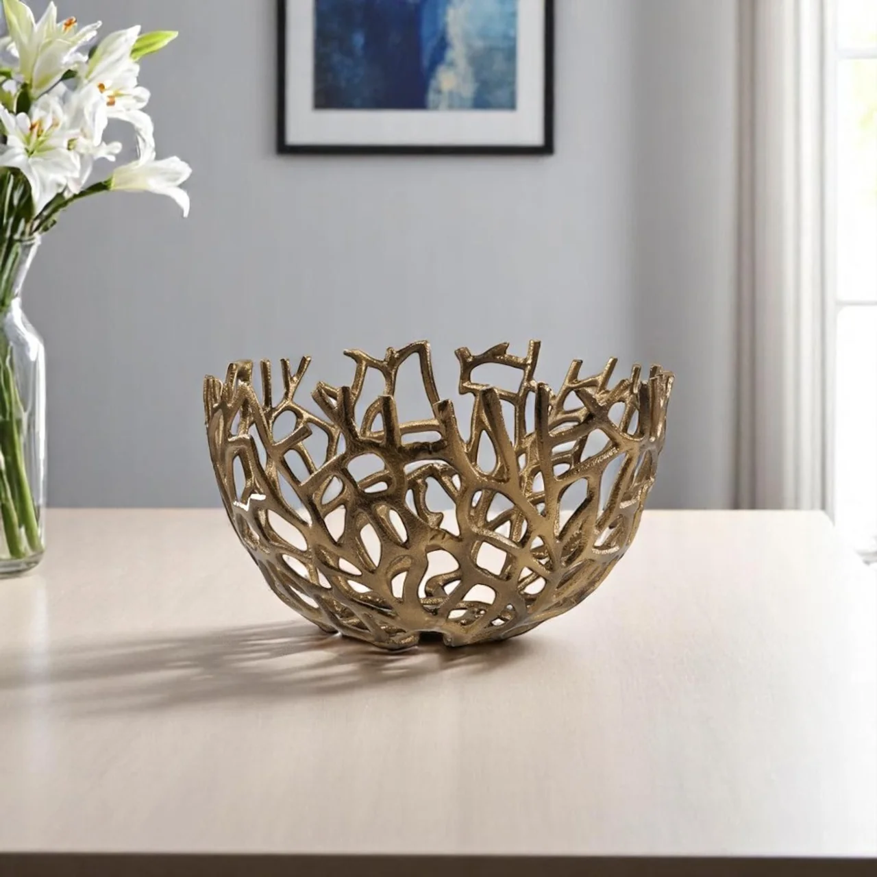 14" Gold Aluminum Coral Decorative Round Bowl