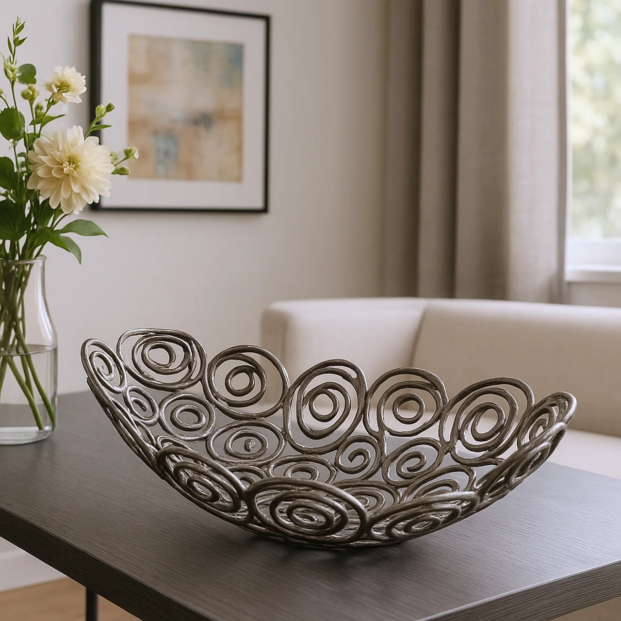 20" Silver Aluminum Abstract Circles Oval Decorative Bowl